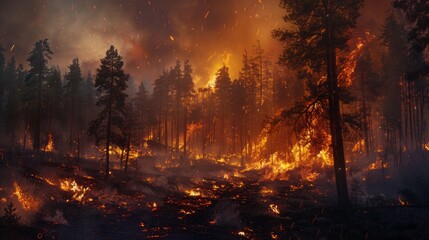 Forest fire burning fiercely. Dramatic image of a forest fire, showcasing the intensity and danger of wildfires.