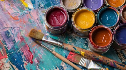 Fototapeta premium A close-up shot of several open paint cans in various colors arranged on a wooden surface covered with colorful paint splatters. Two paint brushes with traces of colorful paint are also visible