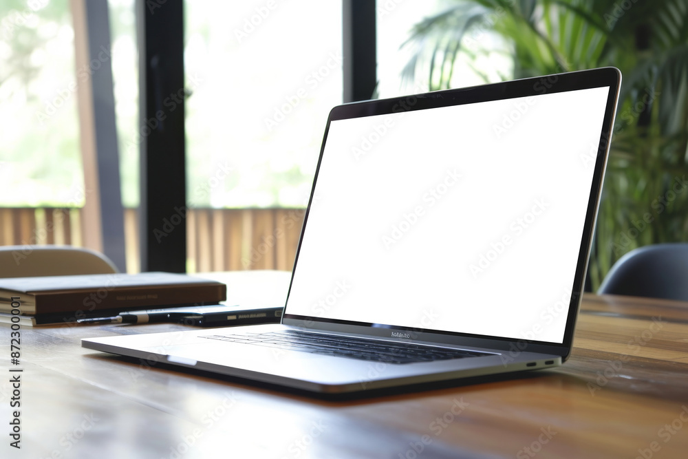 Aufkleber a laptop computer sitting on top of a wooden table, Mockup of a website design displayed on a high-resolution laptop screen