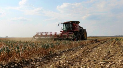 This image shows a red combine harvester working in a field of onions. The harvester is moving forward, cutting down the onion stalks and collecting the onions in its hopper. 