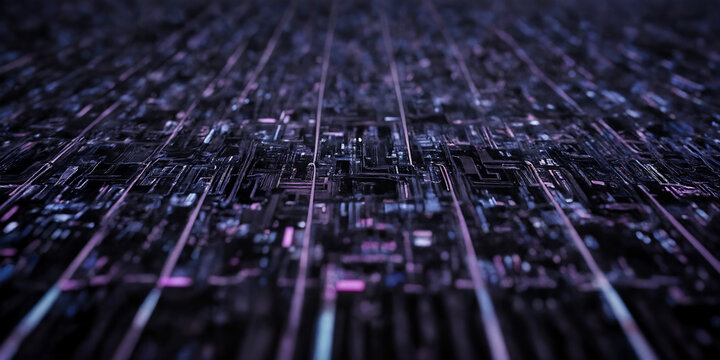 Verschlungene digitale Landschaft: Eine futuristische Ansicht einer abstrakten, stark vergr&ouml;&szlig;erten Mikrochipschaltung, die in dunklen Violett- und Blaut&ouml;nen schimmert und eine dichte Netzstruktur