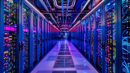 Obraz premium An image of a high-tech data center aisle