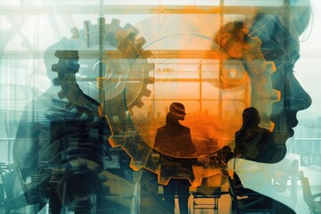 Overlay a gear mechanism with a business meeting, creating a double exposure that symbolizes the machinery of collaboration in corporate environments