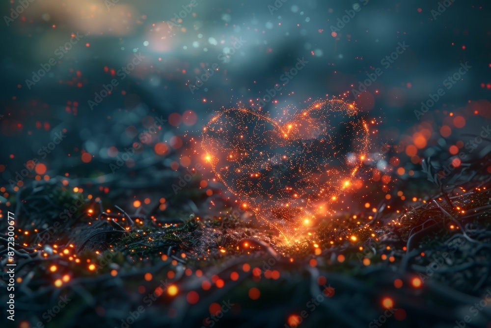 Poster abstract glowing heart in a dark setting symbolizing love and mystery in a dynamic artistic environm