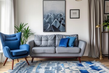 Interior of living room with grey sofa, blue armchair and paintings.