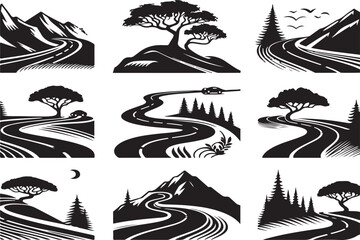  winding road  silhouette vector collection on white background