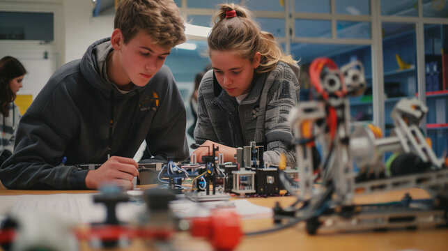 Group of students are working together on a robotics project, carefully assembling and connecting electronic components