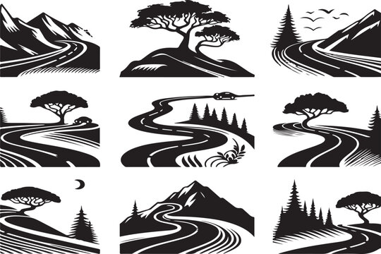  winding road  silhouette vector collection on white background