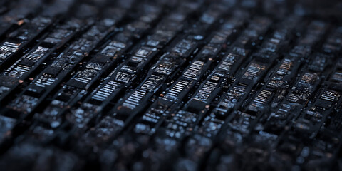 Dunkle Mikrochip-Landschaft: Eine detaillierte Nahaufnahme einer komplexen, strukturierten Oberfl&auml;che aus rechteckigen und quadratischen Mikrochip-Elementen in dunklen Blaut&ouml;nen