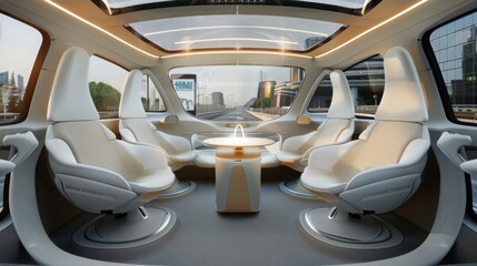 A futuristic autonomous vehicles interior, featuring four rotating seats, a small table, and a large sunroof, offering a view of a city cityscape.