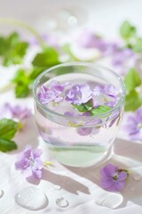 clear glass of water with floating purple flowers and green leaves, placed on a light surface