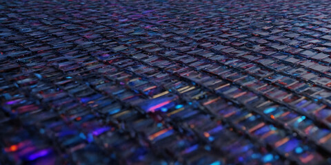 Fototapeta premium Schimmernde digitale Kachelstruktur: Eine Nahaufnahme einer komplexen Oberfläche aus kleinen, rechteckigen Kacheln in tiefen Blau- und Violetttönen, akzentuiert durch schimmernde Lichter in Pink Blau