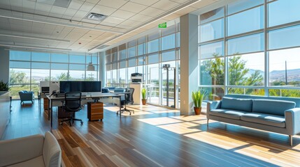 high-tech startup office with energy-efficient windows that tint automatically based on sunlight exposure, ensuring a comfortable work environment and reducing eye strain