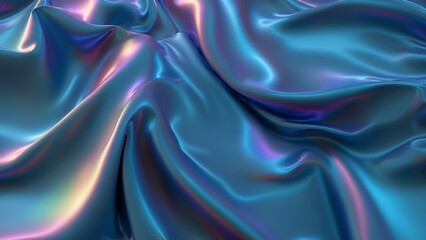 Fototapeta premium Iridescent Blue Silk, Luxurious Flowing Fabric, A close-up photo of luxurious blue silk fabric with iridescent shimmer. The soft, flowing folds create a beautiful abstract pattern