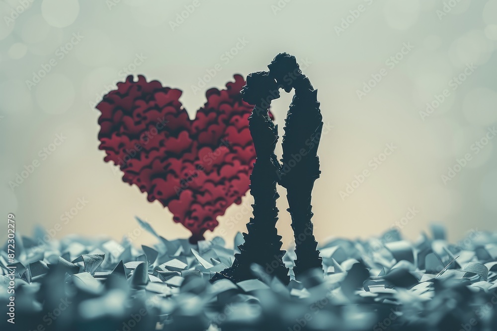 Poster heart sculpture made of small red objects symbolizing love and creativity in a modern artistic setti