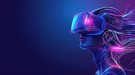Futuristic illustration of a person using virtual reality technology with neon colors and dynamic light effects against a dark background.