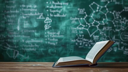 Open textbook on a wooden desk in front of a chalkboard filled with scientific formulas and diagrams. Ideal for education, learning, and science themes.