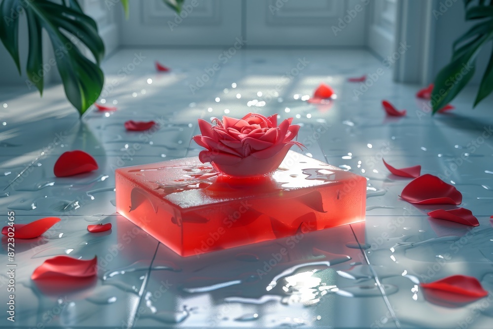 Poster red heart shaped object in a glass container representing love and fragility in a serene artistic se