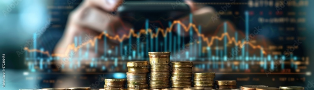 Poster stacked gold coins with financial chart on screen in background representing cryptocurrency or stock