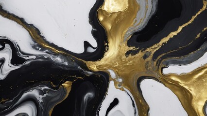 A mesmerizing abstract artwork showcasing the dynamic interplay of black, white, and gold in a fluid dance. The swirling forms and intricate patterns create a sense of controlled chaos, depth	
