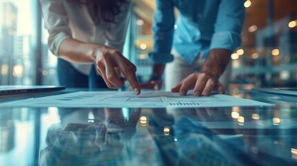 Close-up of business professionals collaborating on project plans in a modern office environment with documents and charts.