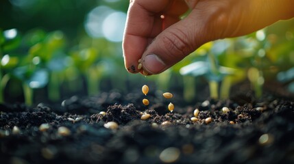 Close-up of a hand planting seeds in soil with young sprouts in the background, representing growth, farming, and nature.