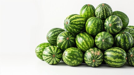 Fototapeta premium A vibrant image showcasing a mountain of fresh watermelons isolated on a white background. The composition offers ample copy space, making it ideal for promotional and marketing materials.
