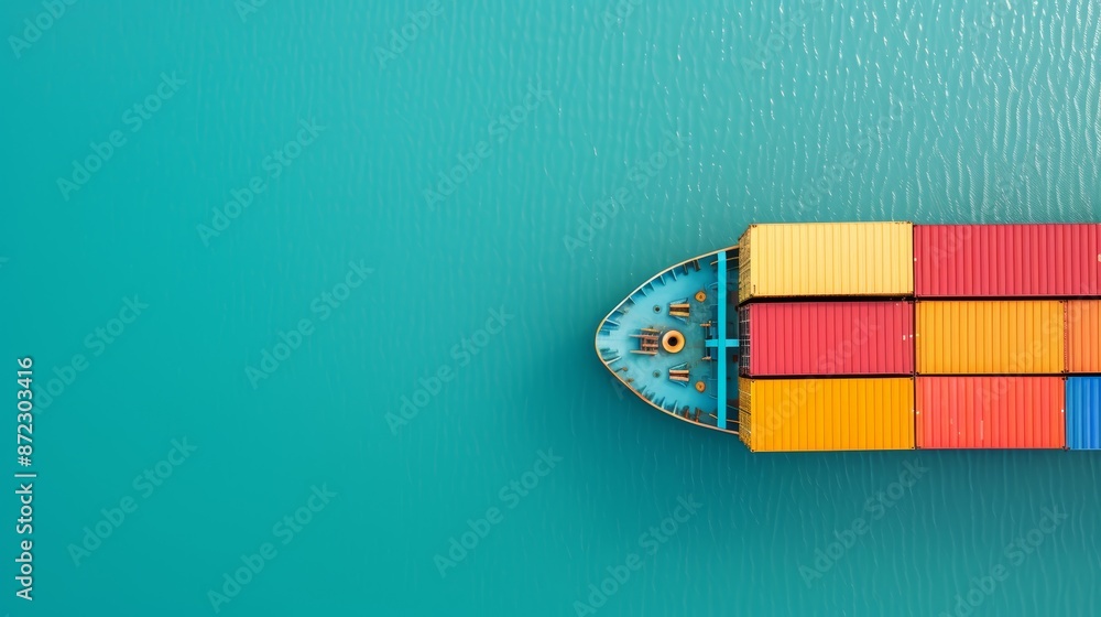 Poster container ship carrying container boxes import export dock with quay crane, aerial side view