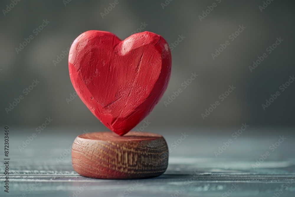 Poster red heart shaped object on a wooden base symbolizing love and simplicity in a serene artistic settin