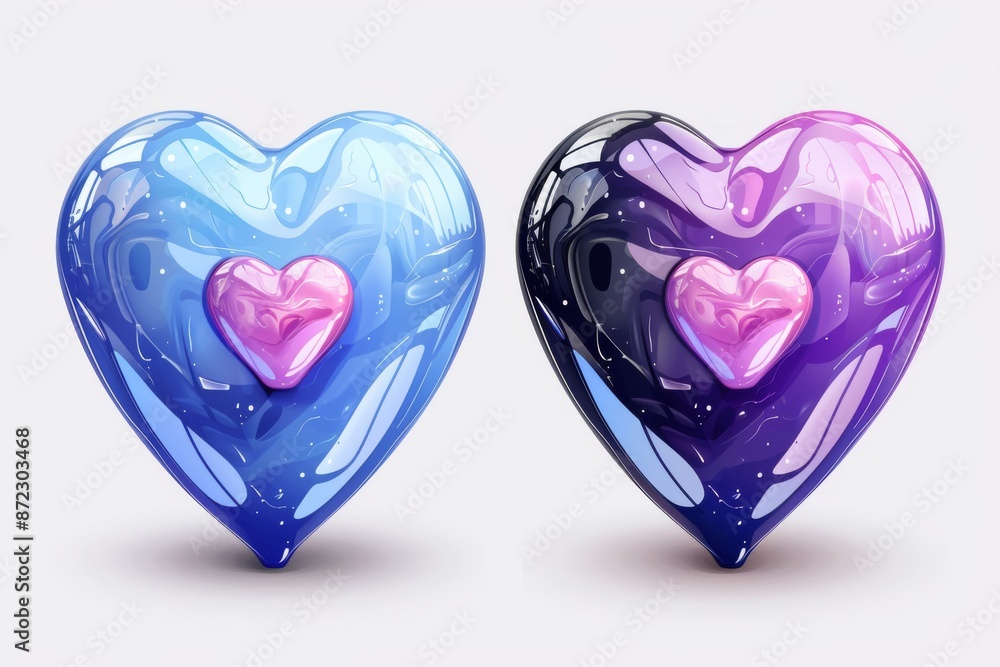 Poster two heart shaped objects with gradient colors representing love and creativity in a vibrant artistic