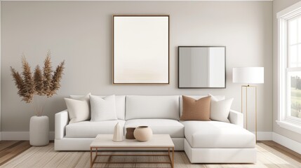 Contemporary interior design scheme featuring essential furniture elements, neutral tones, and a clutter-free aesthetic, emphasizing trend and function