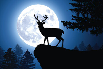 reindeer stag buck silhouette by full moon forest on a hill crest landscape background © Marty's Art