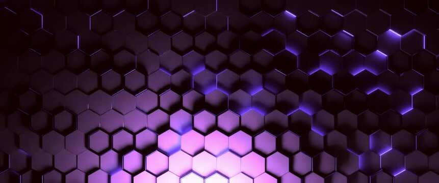 Abstract Hexagon Geometric Surface Loop with purple neon light stripes and metal purple frames and purple surface with a high tech, futuristic vibe. Waving motion with seamless loop.