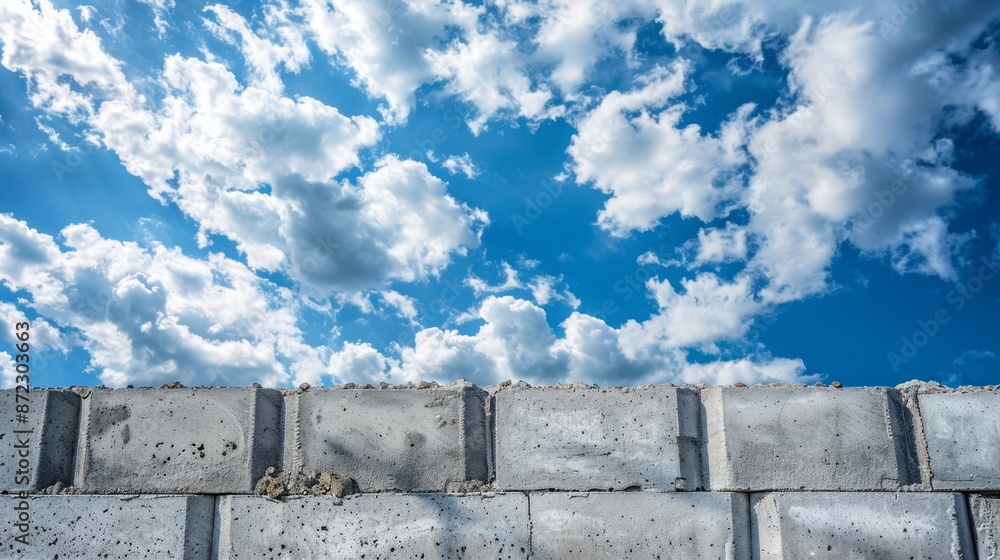 Poster a photo of a low angle view of a grey concrete wall with a blue sky and puffy white clouds in the ba