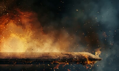 Table edge engulfed in flames, fire particles and smoke in the air, dark background setting a dramatic tone for product display 