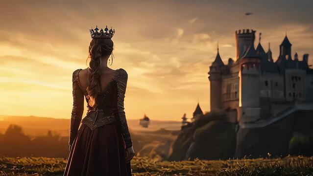 Animation Back view of beautiful princess with a crown, looking at her castle