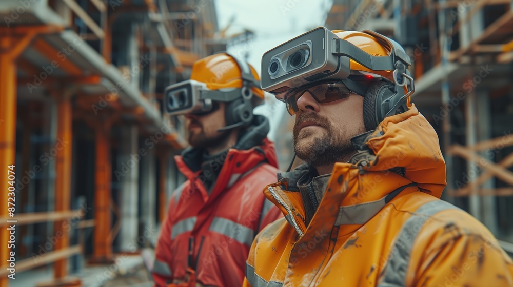 Poster construction workers using virtual reality headsets at a building site