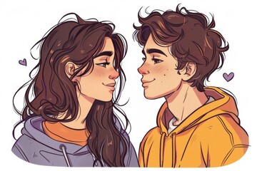 Illustrated couple in love representing romance and joy in a whimsical artistic setting