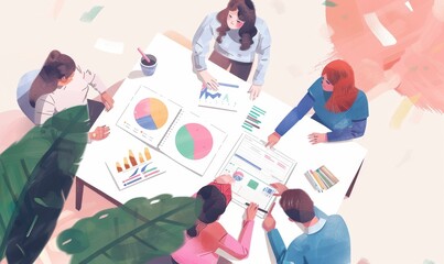 Top view of smart manager looking at financial statistic on tablet at meeting room. Group of diverse business people working together to analyze 