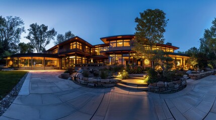 Obraz premium The exterior of a modern home bathed in the warm glow of dusk. The home features a large patio made of stone, leading up to a set of stairs. 