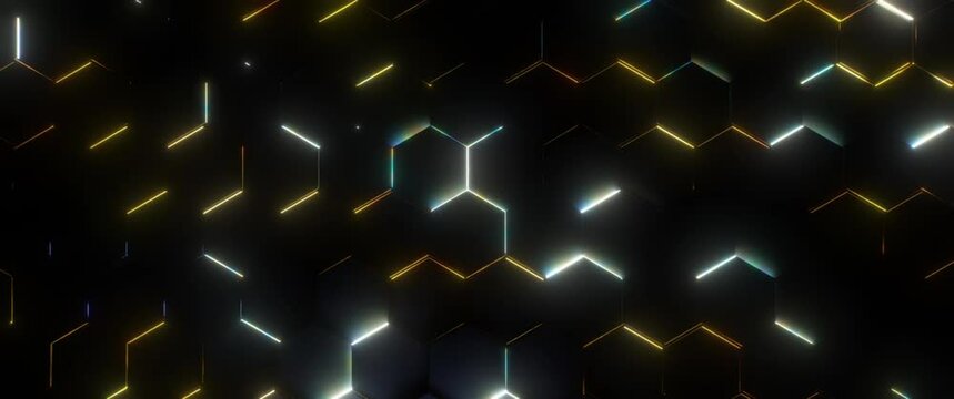 Abstract Hexagon Geometric Surface Loop with calming white neon light stripes and golden frames around metallic purple hexagon shapes with elegant vibe. Waving motion with seamless loop.