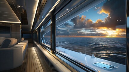 luxury yacht with specially designed energy-efficient windows that provide panoramic ocean views and withstand harsh marine conditions, ensuring a comfortable voyage