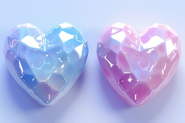 Fototapeta premium Two crystal heart shaped objects with gradient colors symbolizing love and beauty in a vibrant artistic setting