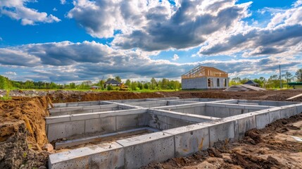 This image shows a concrete foundation under construction in a residential neighborhood. The foundation is made of concrete blocks and beams, and it is surrounded by dirt and grass. 