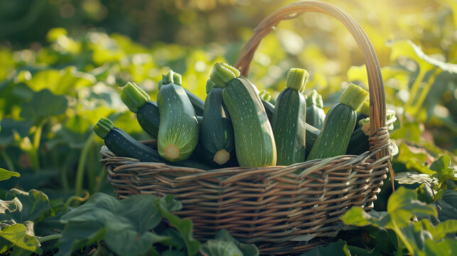 Cibo. Verdura in un cesto di vimini in un campo. Campagna. Zucchine.