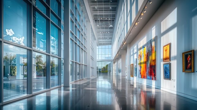 modern gallery with tall, energy-efficient windows that illuminate the space with diffused natural light, perfectly showcasing the art without the risk of damage from direct sunlight