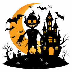  halloween pumpkin head, black cat ,cat cartoon,halloween castle with bats,jack o lantern,