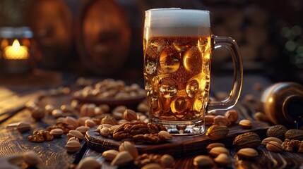 glass of beer with foam and nuts on the table