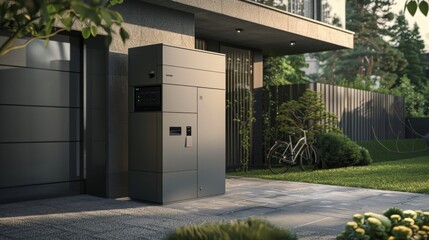 A modern package delivery box stands outside a house, with a bike parked nearby. The box has a digital keypad and a slot for packages.