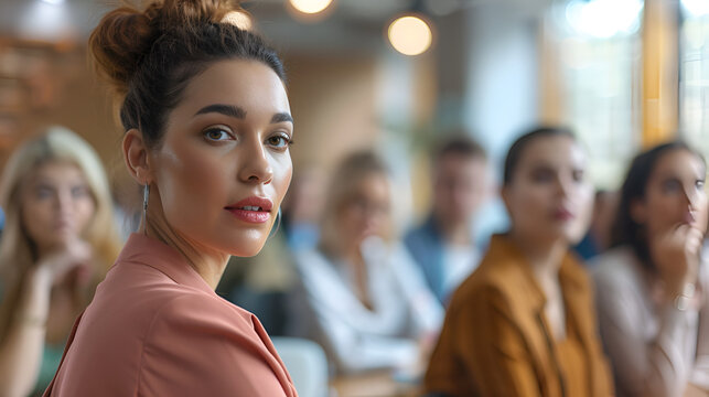 mujer empresaria de negocios dando una junta a sus compa&ntilde;eros de trabajo expresando ideas reunion corporativa